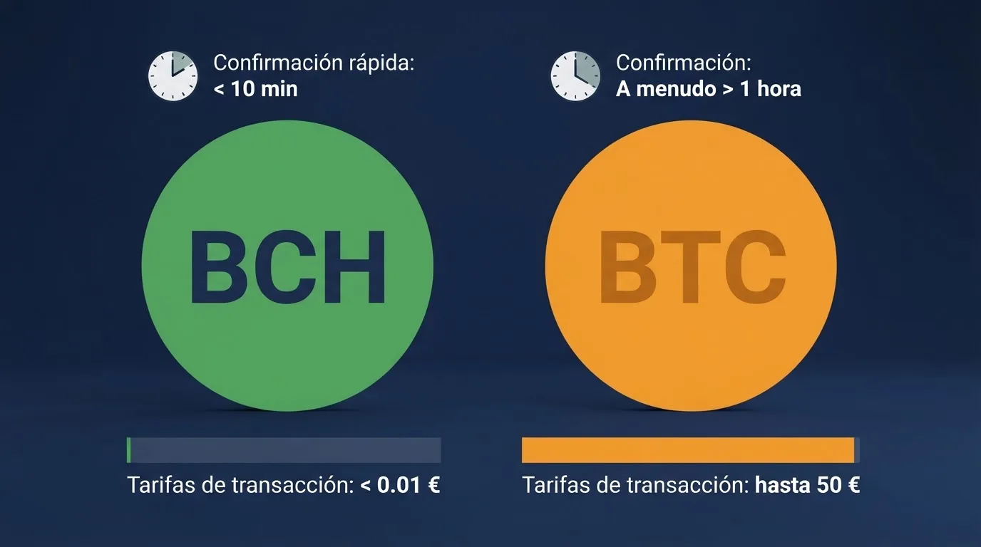 Dos monedas digitales una frente a otra: Bitcoin Cash (BCH) y Bitcoin (BTC), con líneas de comisión y tiempo de confirmación comparadas visualmente