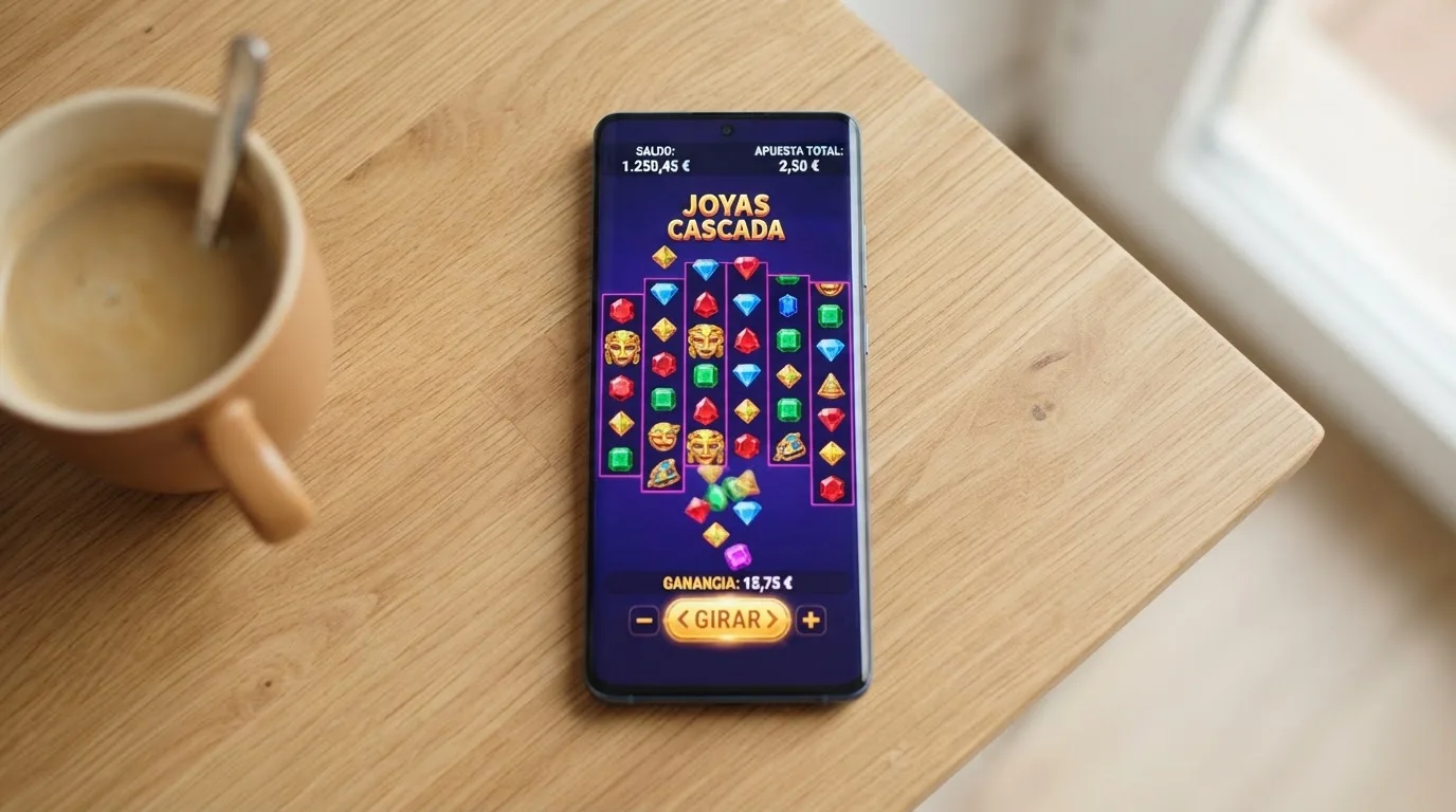 Teléfono móvil mostrando una tragaperras de Big Time Gaming adaptada a pantalla táctil en un casino online español