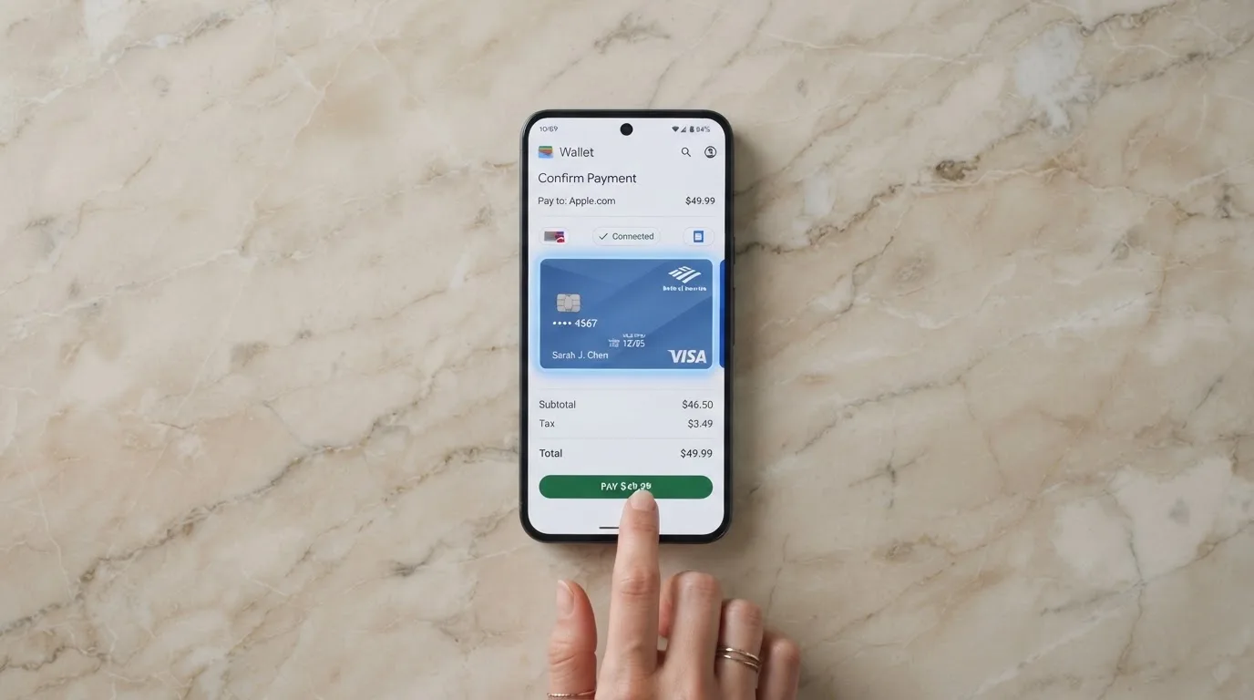 La app CaixaBank Pay abierta en un teléfono Android mostrando la selección de tarjeta Visa para autorizar un pago online