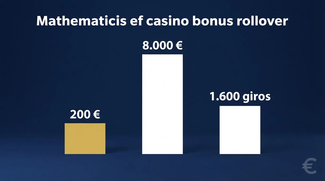 Representación visual de un cálculo de rollover: un depósito de 100 € genera 200 € de bono y exige 8.000 € en apuestas antes de retirar
