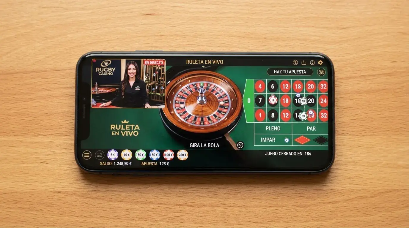 Teléfono móvil en horizontal mostrando una mesa de ruleta en vivo de Evolution Gaming con los botones táctiles de apuesta y el vídeo del crupier en pantalla