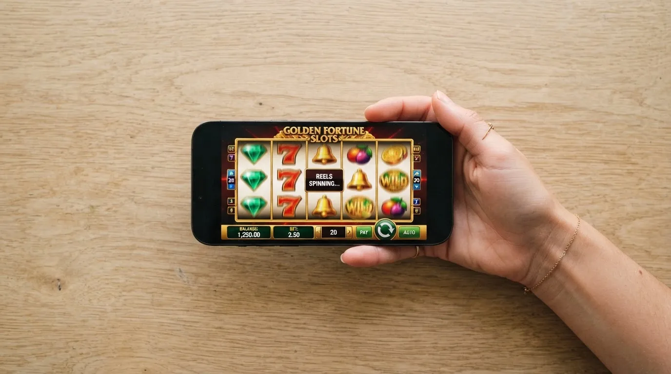 Mano sosteniendo un teléfono móvil con un juego de casino abierto en el navegador, sin aplicación instalada
