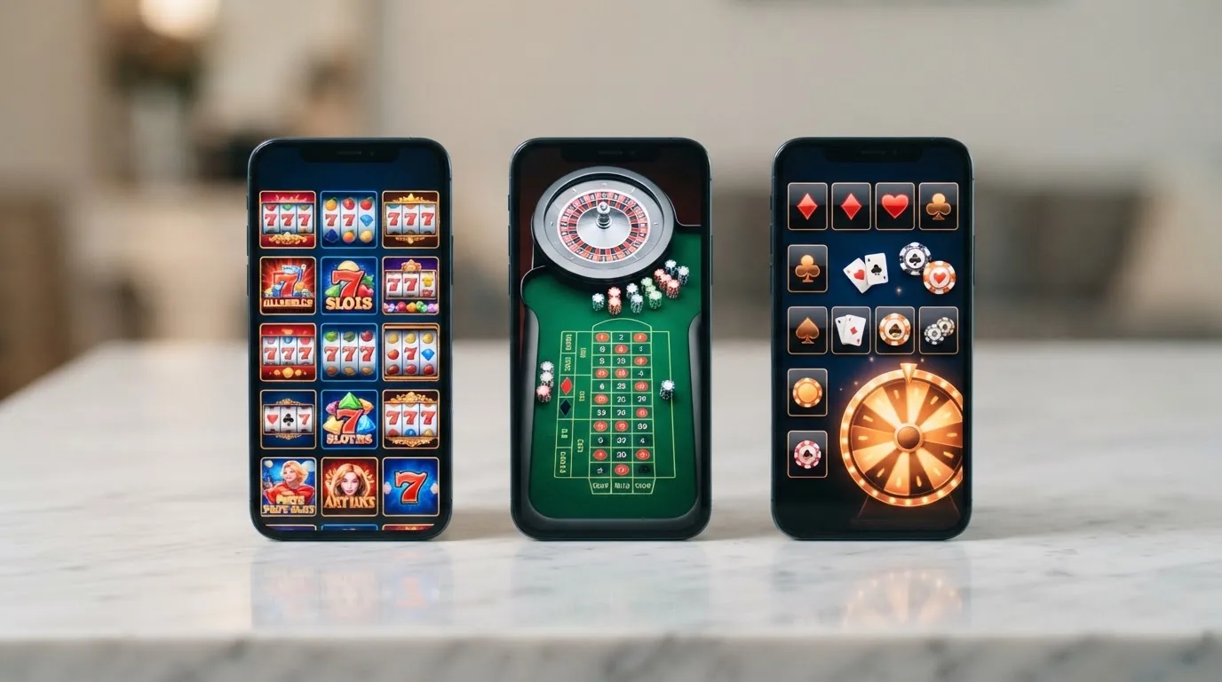 Varios teléfonos móviles mostrando diferentas aplicaciones de casino en sus pantallas de inicio, con iconos de slots, ruleta y vivo