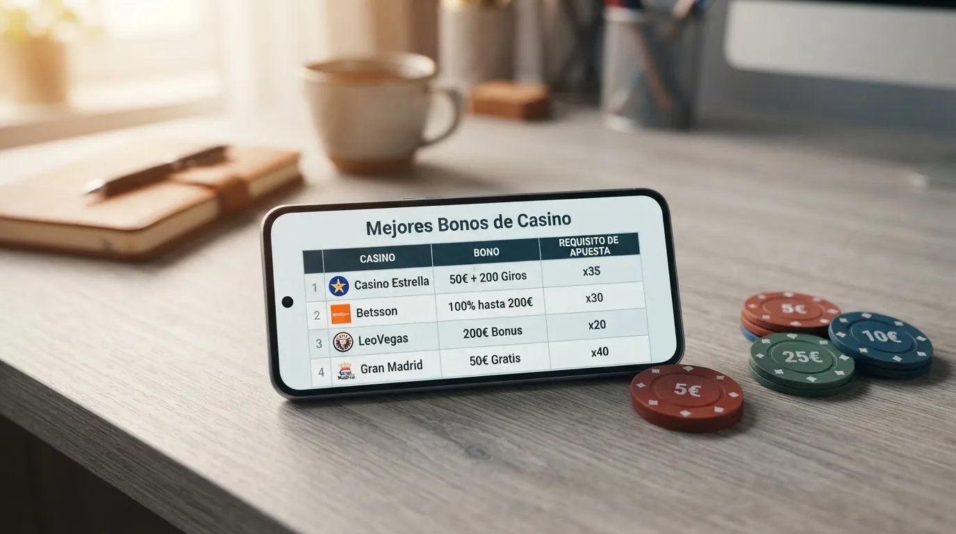 Fichas de casino y un móvil mostrando una tabla comparativa de bonos sin depósito con importes y condiciones