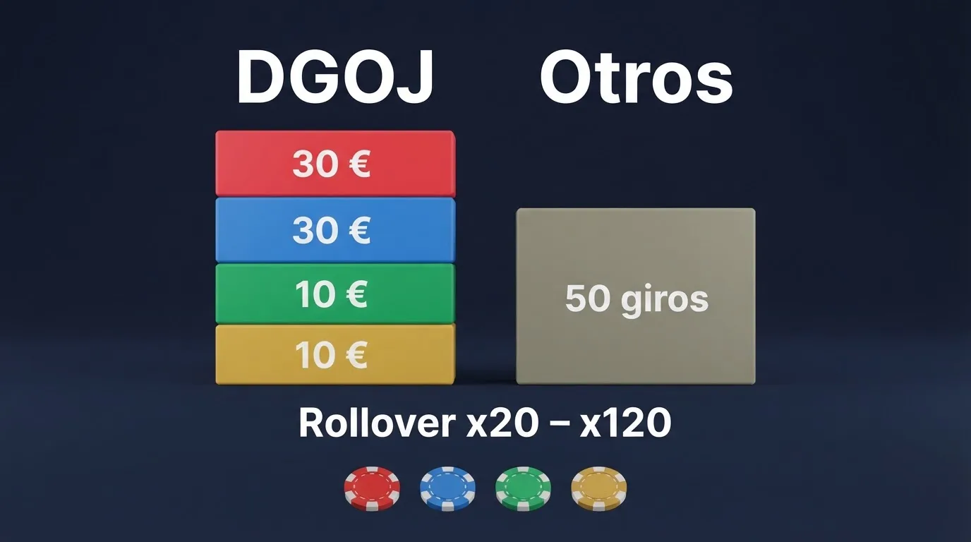 Tabla comparativa con logotipos de casinos españoles y sus cifras clave: importe del bono, rollover, plazo y ganancia máxima