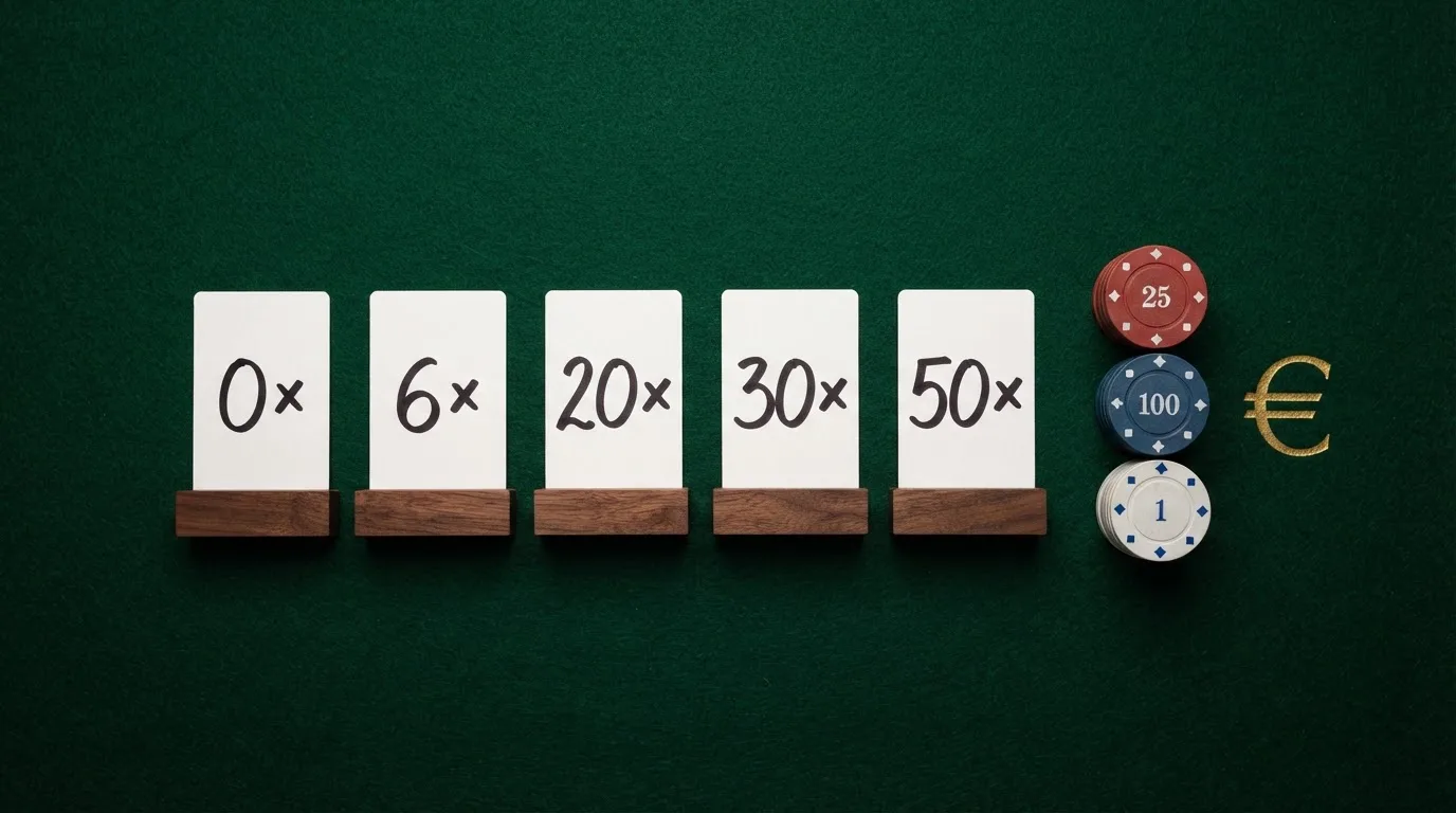 Vista comparativa de fichas de casino con sus cifras de bono, rollover y validez destacadas en tarjetas alineadas