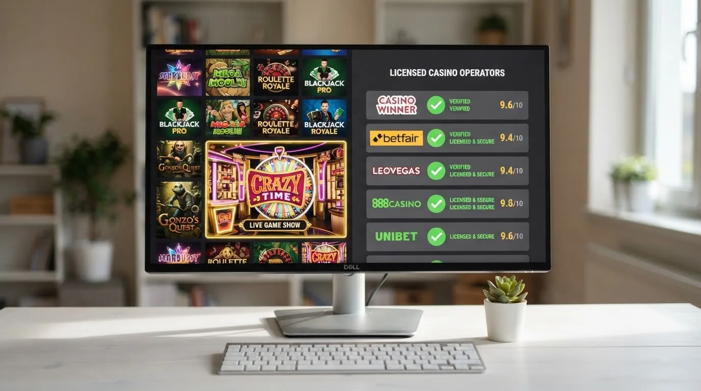 Una interfaz de casino online en una pantalla de ordenador mostrando el lobby de Evolution Gaming con la miniatura de Crazy Time junto a una tabla comparativa con nombres de operadores y símbolos de verificación