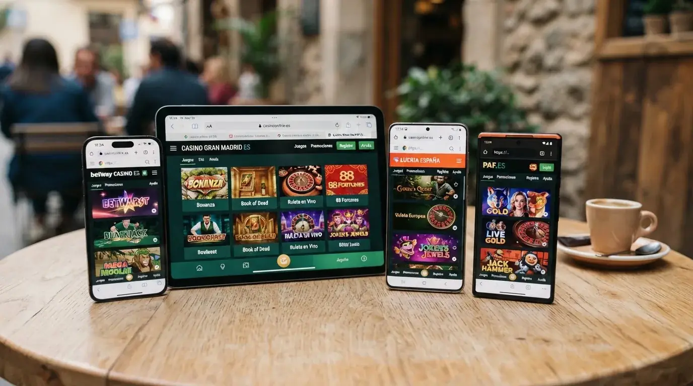 Varios móviles y una tableta mostrando distintos lobbies de casino con el dominio .es visible en la barra de direcciones de cada pantalla