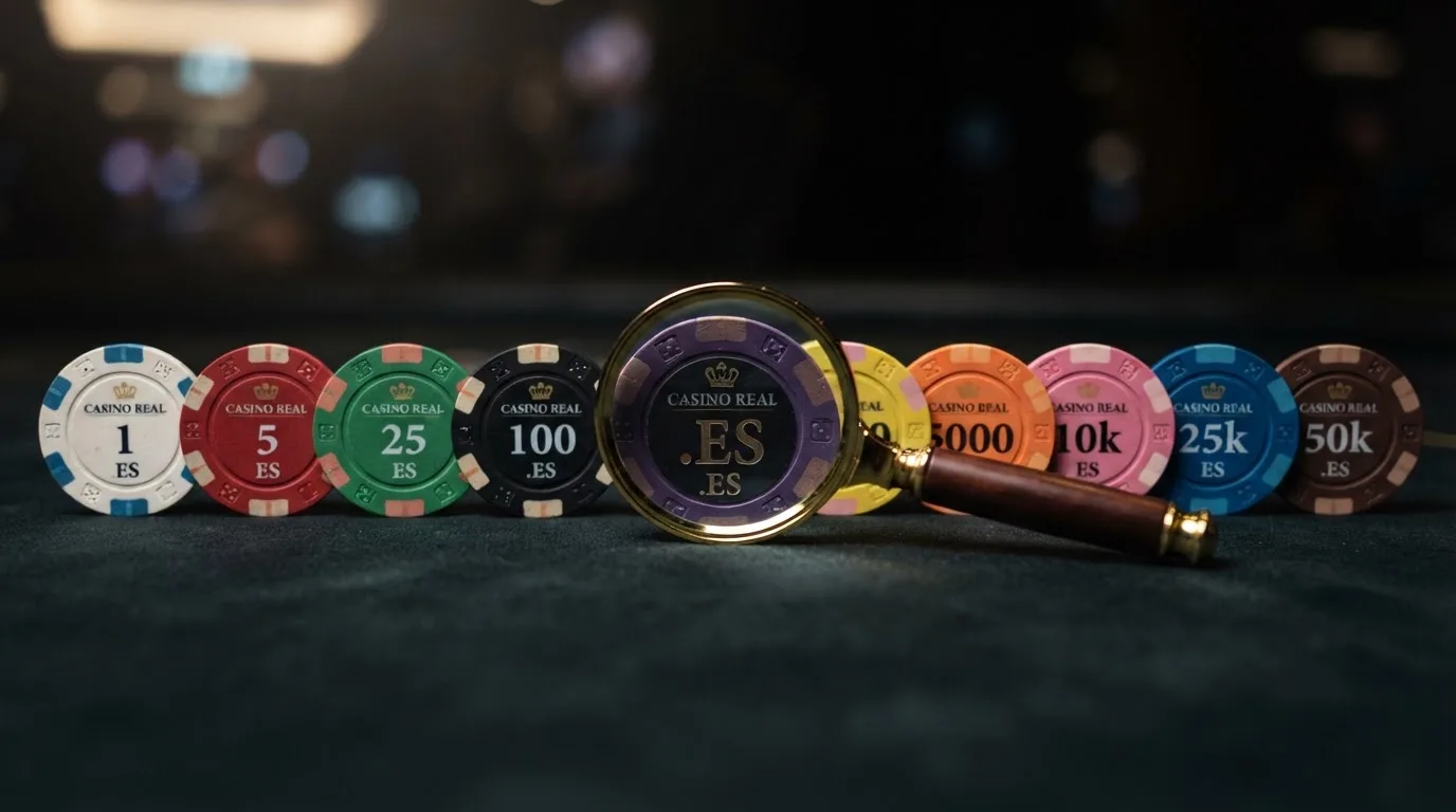 Diez fichas de casino online alineadas mostrando su bono de bienvenida, giros gratis y sello DGOJ, con una lupa sobre la que destaca el dominio .es