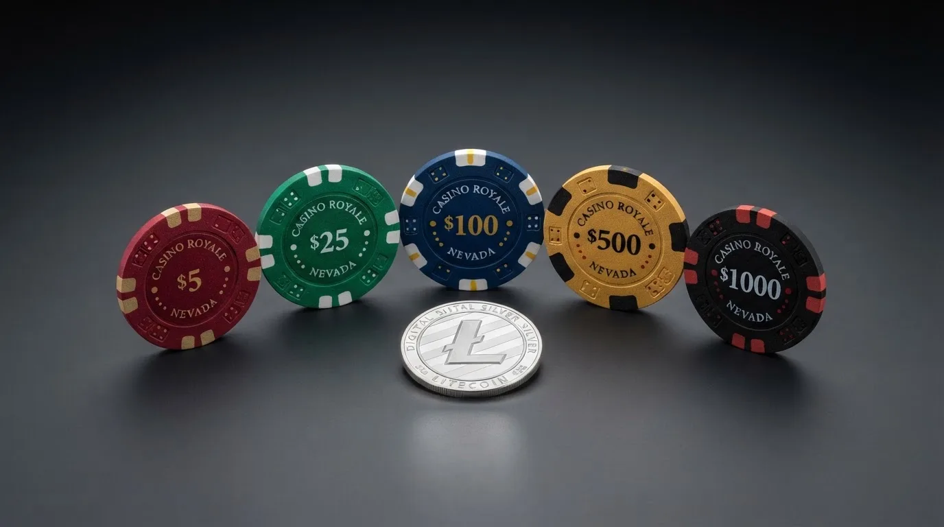 Gráfico comparativo con fichas de casino y el logo de Litecoin sobre una tabla de evaluación