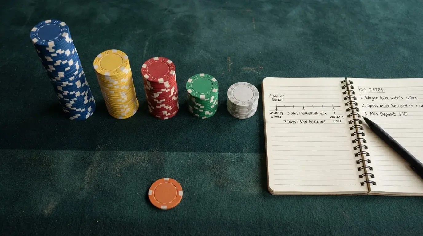 Fichas de casino sobre un fondo que representa los elementos clave de la comparativa: número de tiradas, porcentaje de rollover y calendario de validez
