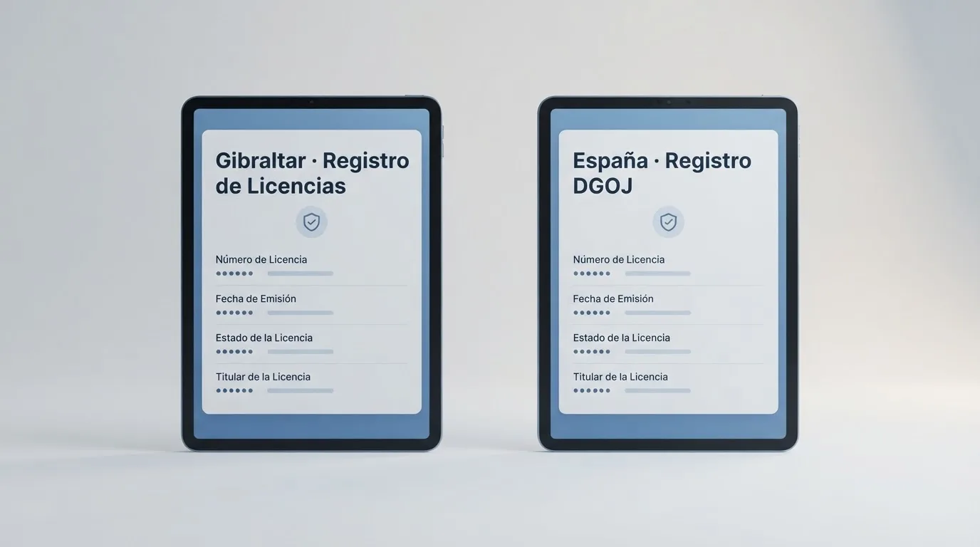 Pantalla dividida con el logotipo del registro de licencias de Gibraltar y el logotipo del registro de operadores de la DGOJ