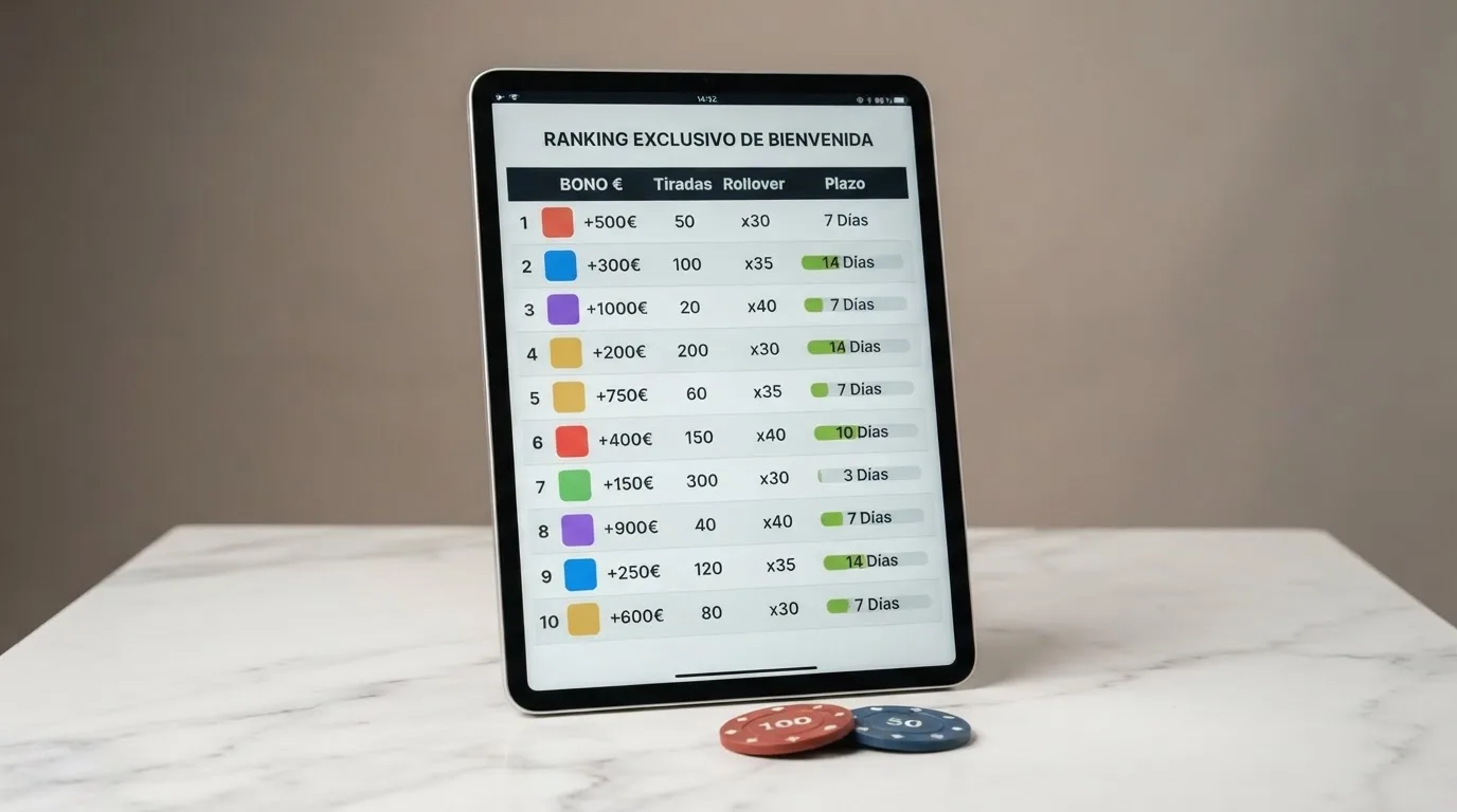 Una tabla comparativa con los logos de los casinos y sus cifras de tiradas gratis, rollover y plazos