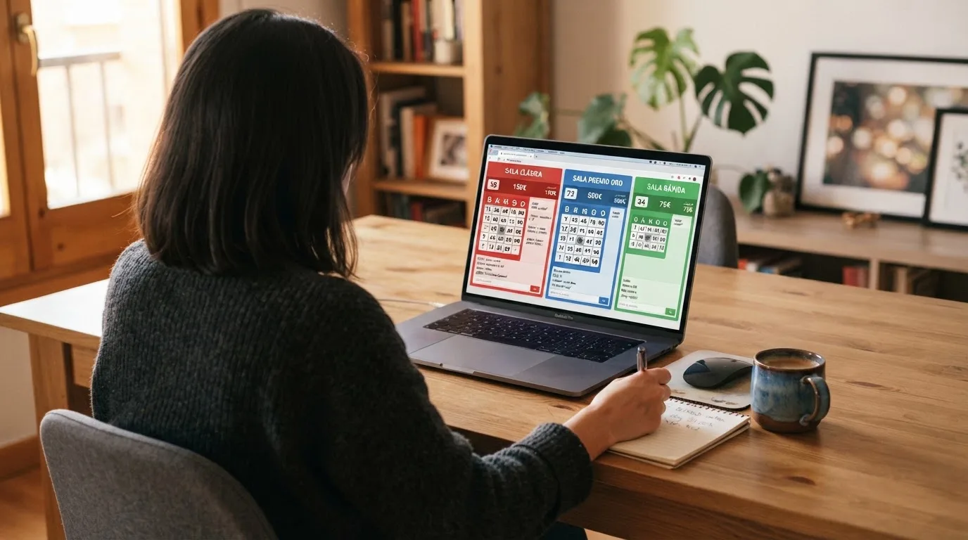 Varias salas de bingo online abiertas en pestañas de navegador con sus interfaces, mostrando cartones activos y chat lateral