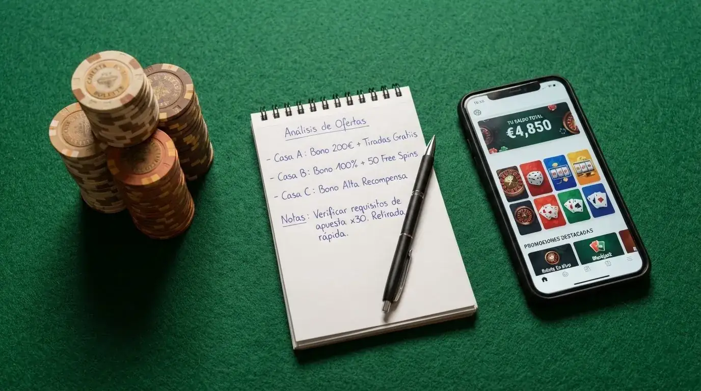 Una tabla comparativa con filas de logotipos de casinos y columnas de condiciones (tiradas, rollover, plazo) sobre fondo limpio