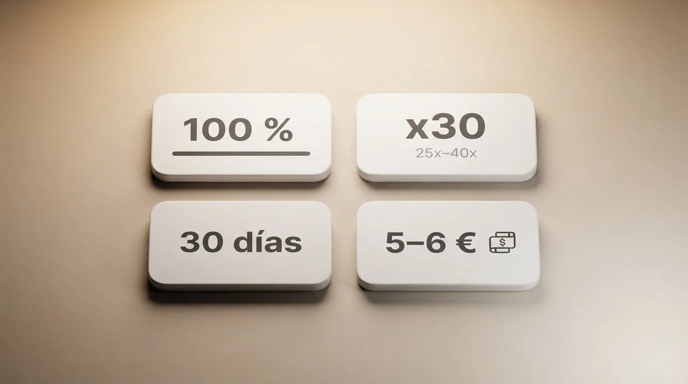 Infografía con los cuatro factores clave de un bono: porcentaje de match, rollover, plazo de validez y apuesta máxima