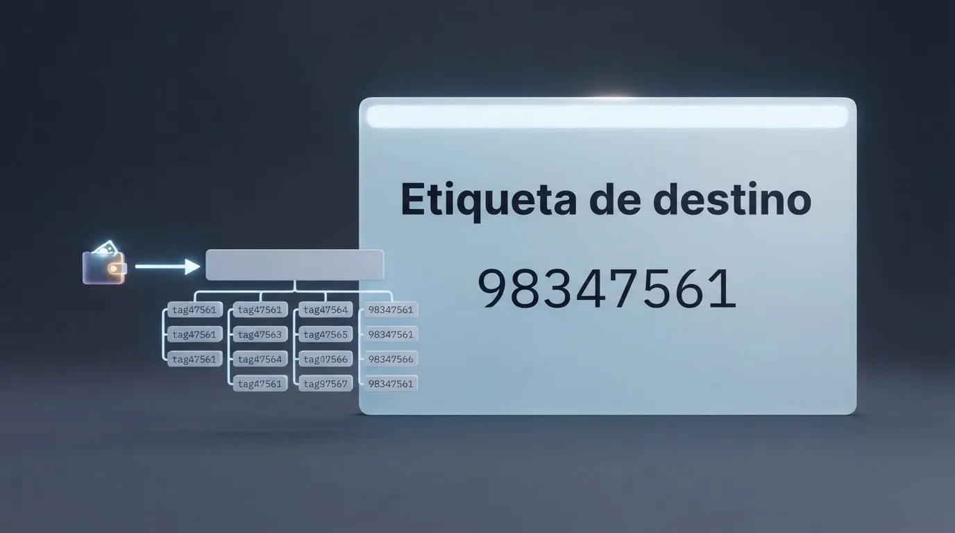 Diagrama de una transación XRP mostrando el campo de Destination Tag resaltado en la interface de una wallet