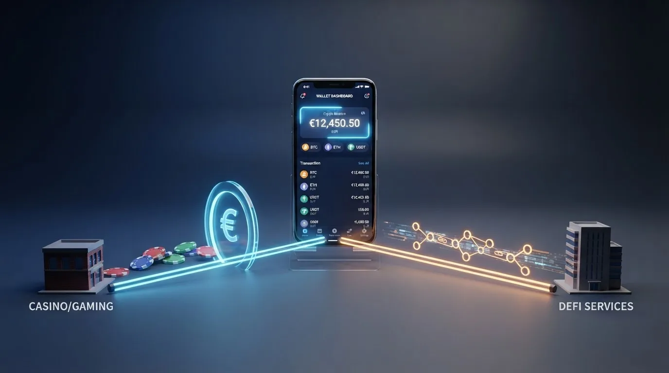 Diagrama de dos caminos: una vía marcada «Bitnovo Pay» que convierte SOL a euros antes de llegar al casino DGOJ, y otra vía «on-chain» que conecta el monedero directamente con el casino offshore
