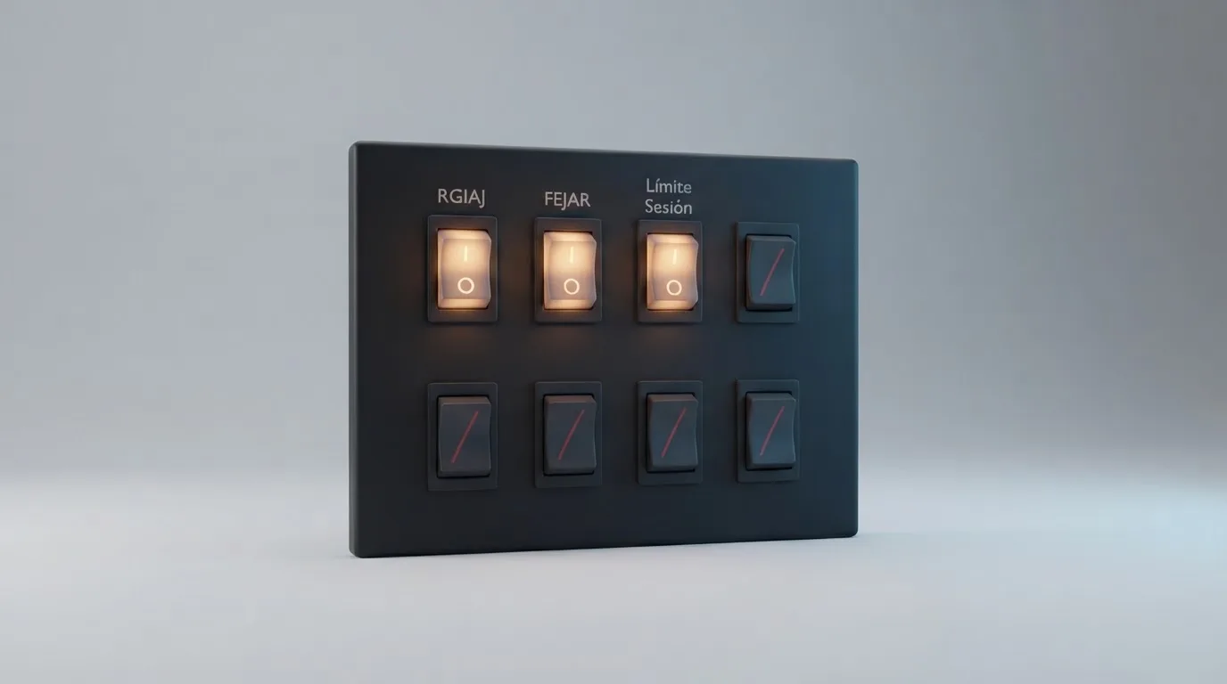 Un panel de control con interruptores: varios están encendidos y etiquetados como RGIAJ, FEJAR y límite de sesión; otros están apagados y tachados