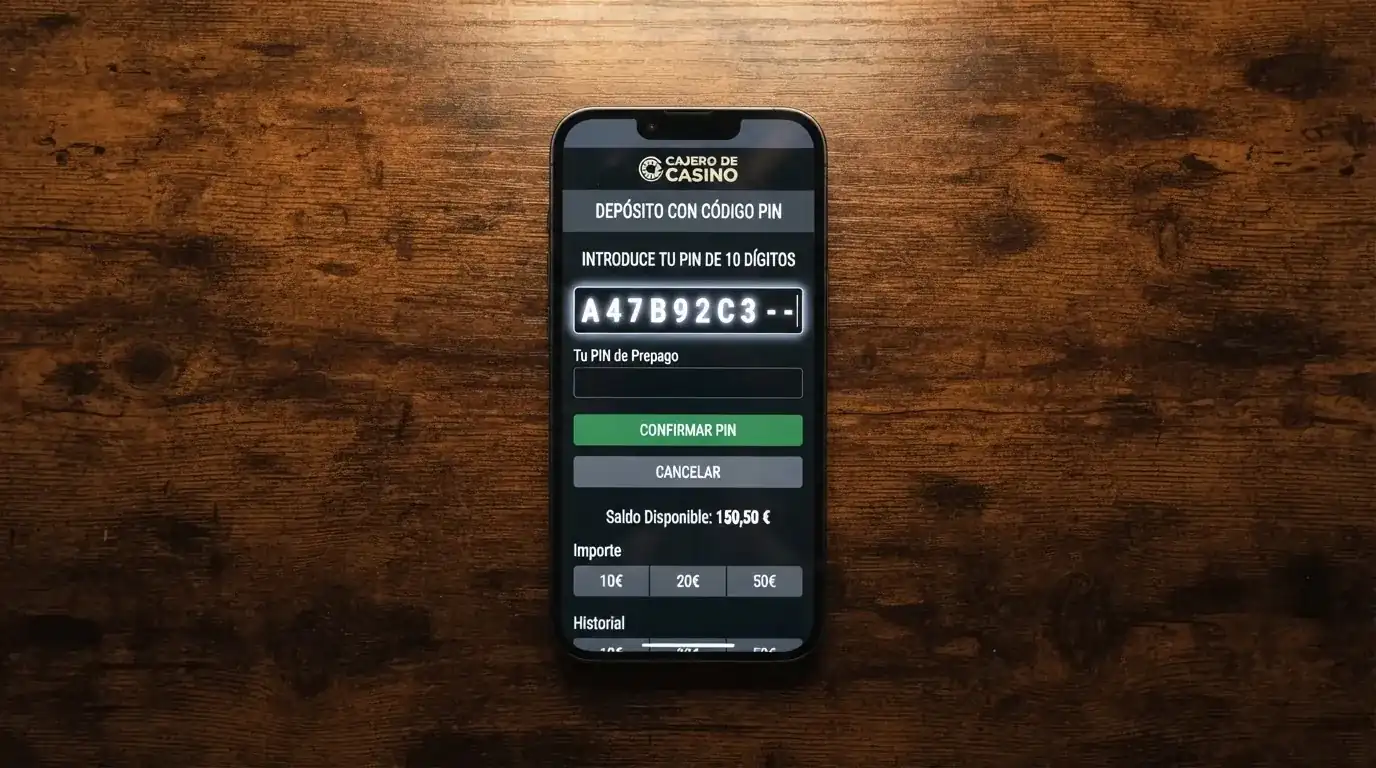 Pantalla de cajero de un casino online con el campo de depósito de Neosurf y el código PIN de 10 caracteres a medio introducir