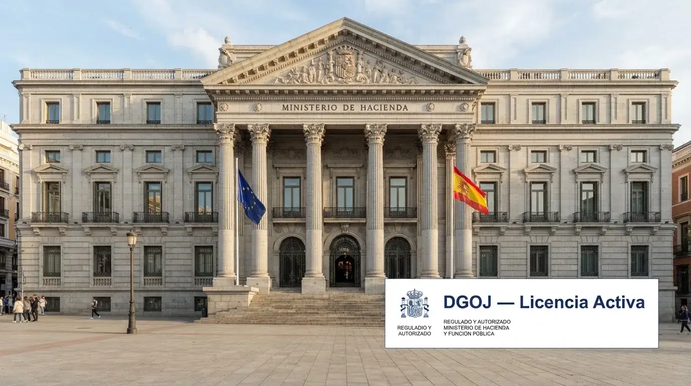 La fachada de un edificio institucional español con la bandera de la UE y un sello de verificación superpuesto que dice «DGOJ — Licencia Activa»