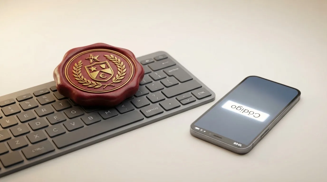 Sello oficial de la Dirección General de Ordenación del Juego sobre un teclado con un campo de código promocional