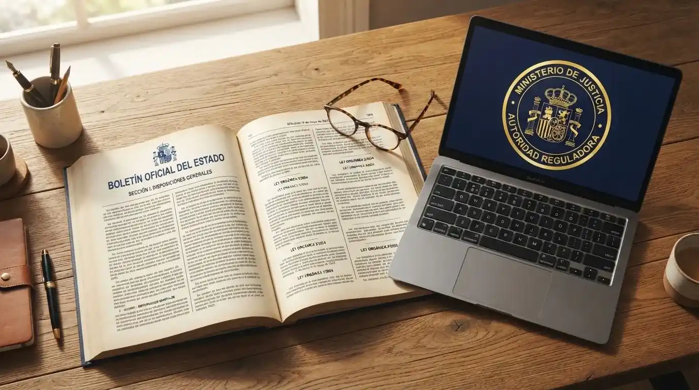 El BOE abierto sobre una mesa con el escudo de la DGOJ visible en la pantalla de un ordenador