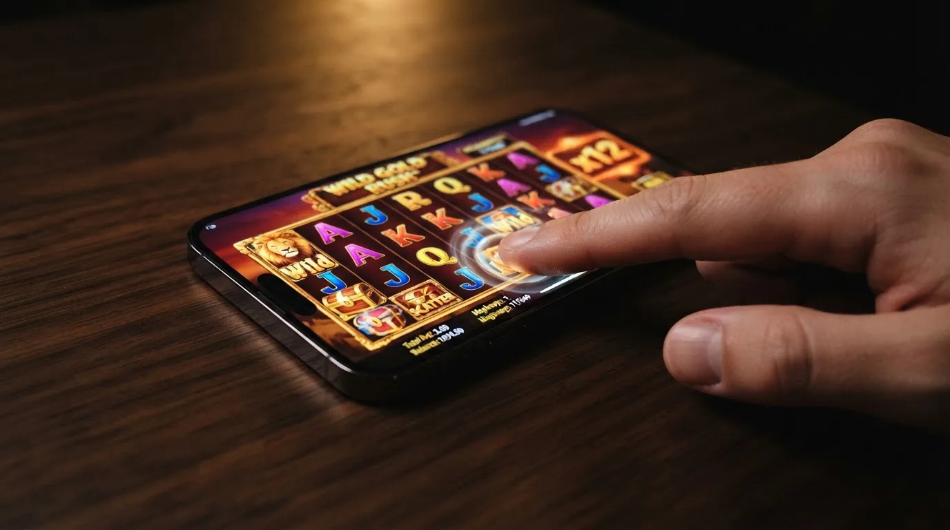 Mano tocando la pantalla de un móvil donde una tragaperras con mecánica Megaways muestra rodillos de altura variable y un multiplicador activo