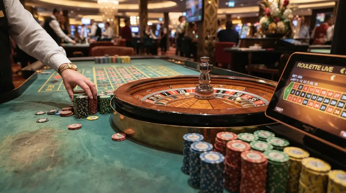 Primer plano de una mesa de ruleta en vivo con crupier de habla hispana, rueda girando e interfaz de apuestas en pantalla