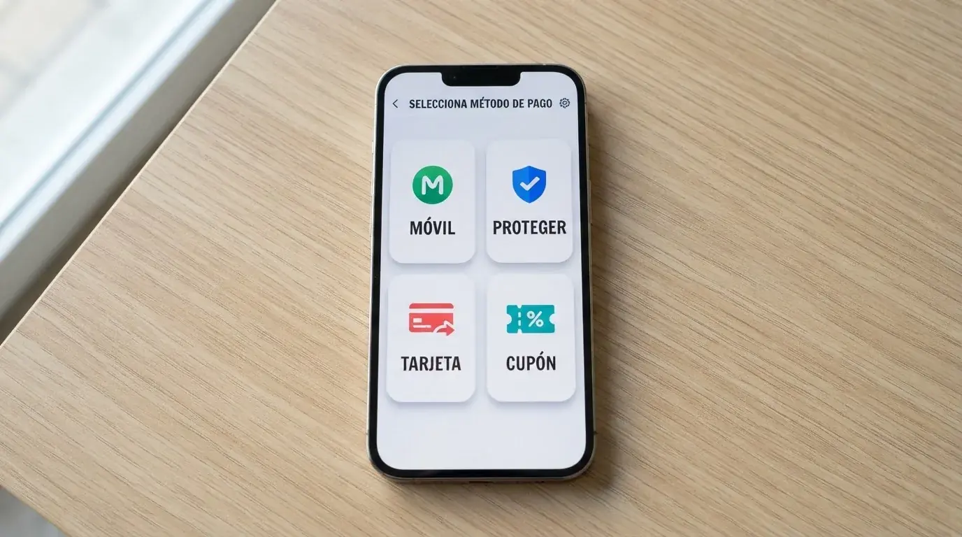Un teléfono móvil mostrando la pantalla de métodos de pago de un casino español con los iconos de Bizum, PayPal, Visa y Paysafecard