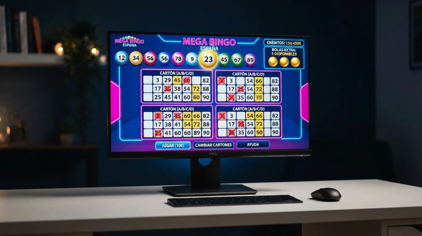 Una pantalla de video bingo con cuatro cartones activos y una animación de bolas extra en la esquina, interfaz colorida estilo slot