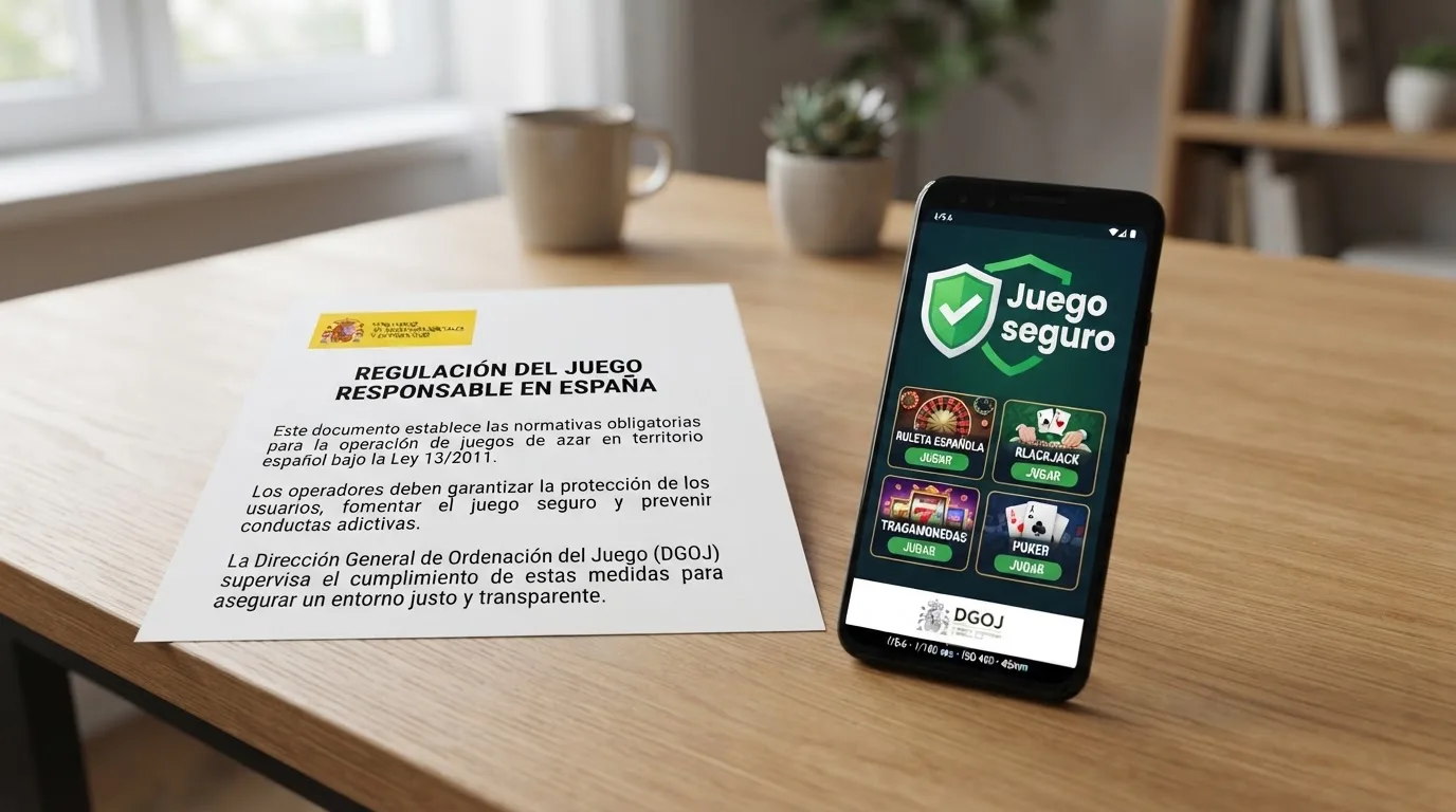 Un documento oficial sobre una mesa junto a un dispositivo mostrando la página de un casino con los distintivos de juego legal