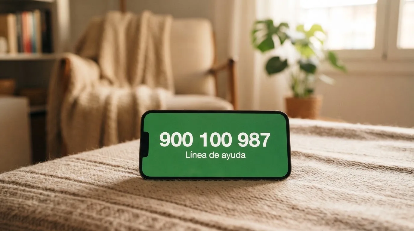 Teléfono móvil mostrando el número 900 200 225 de FEJAR sobre un fondo con elementos de apoyo psicológico