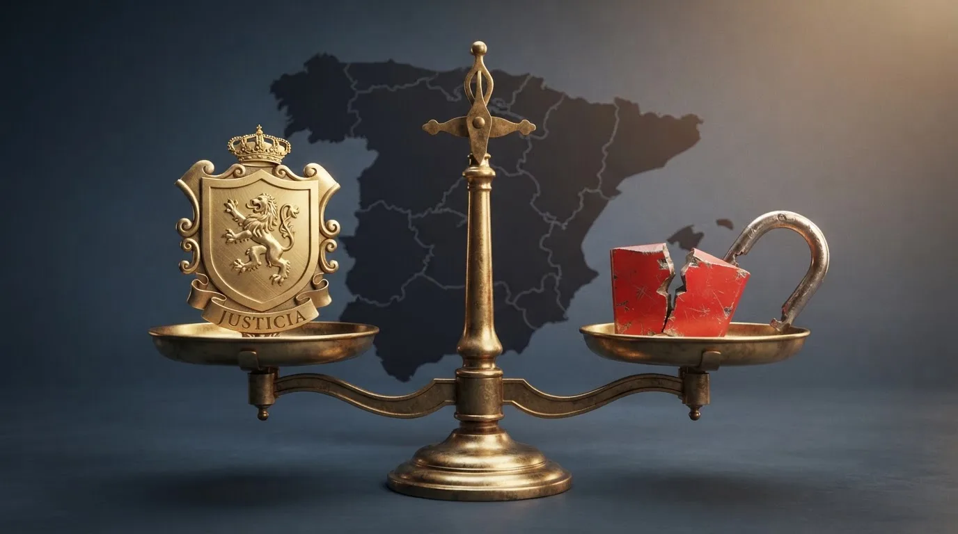 Una balanza con el escudo de la DGOJ en un plato y un candado roto en el otro, sobre un mapa de España