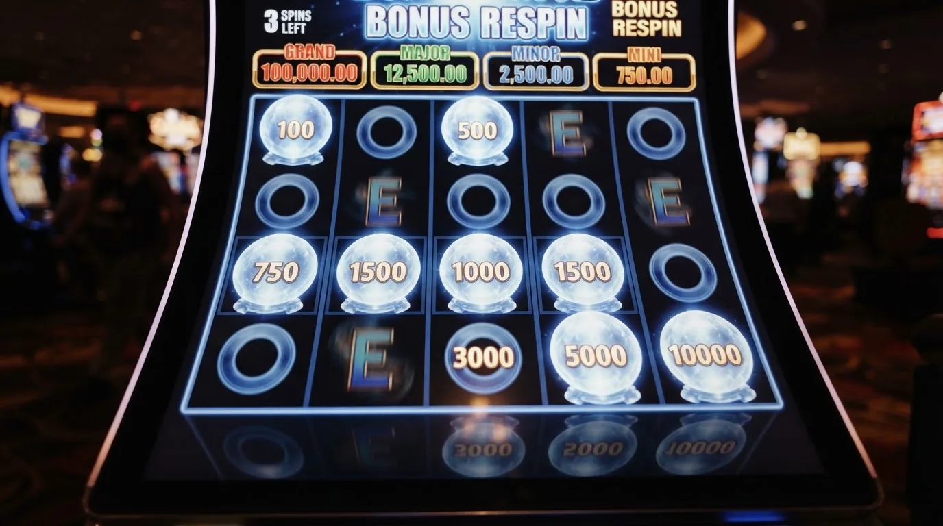 Primer plano de la ronda de respins Fire Blaze con bolas de cristal fijas en los rodillos y los contadores de jackpot activos