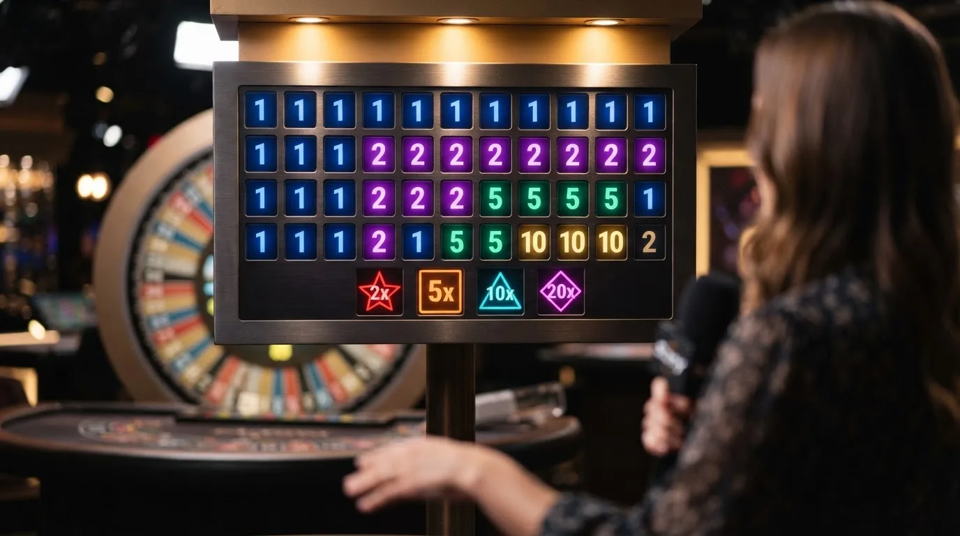 Primer plano del tablero digital superior de Crazy Time mostrando los 54 segmentos con sus valores numéricos y los identificadores de colores de los cuatro bonus: Coin Flip, Cash Hunt, Pachinko y Crazy Time