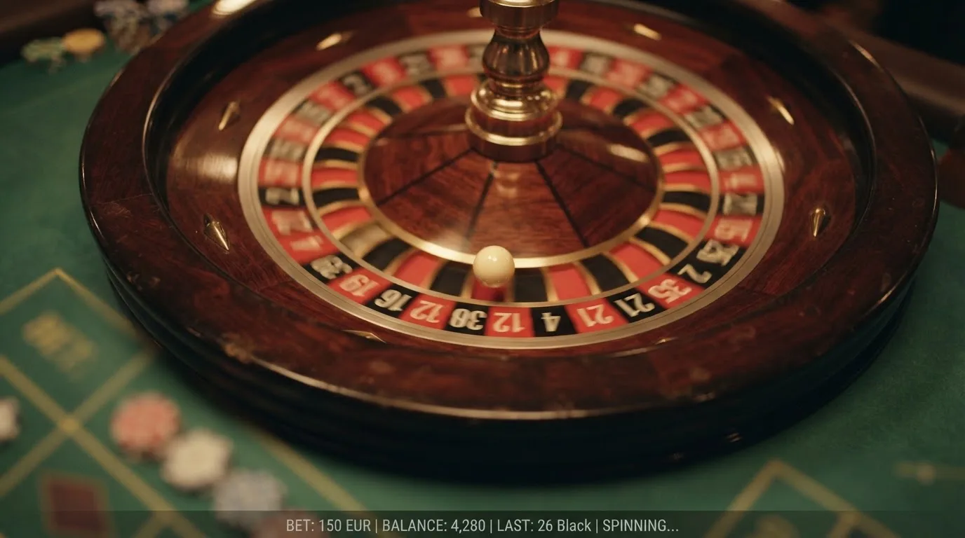 Primer plano de una ruleta física de Evolution Gaming en pleno giro, con la interfaz de apuestas del jugador superpuesta en el borde inferior