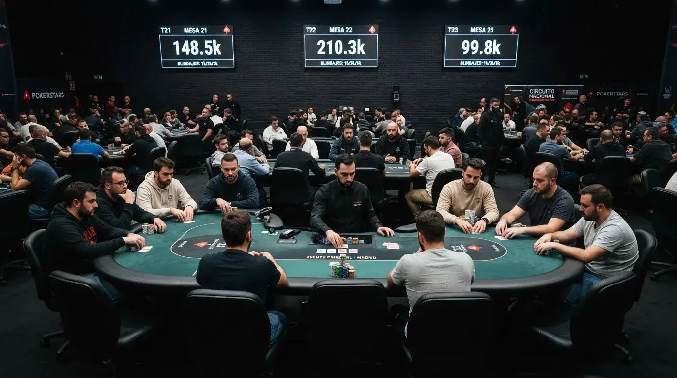 Sala de póquer del Casino Barcelona con mesas de torneo y pantallas de información