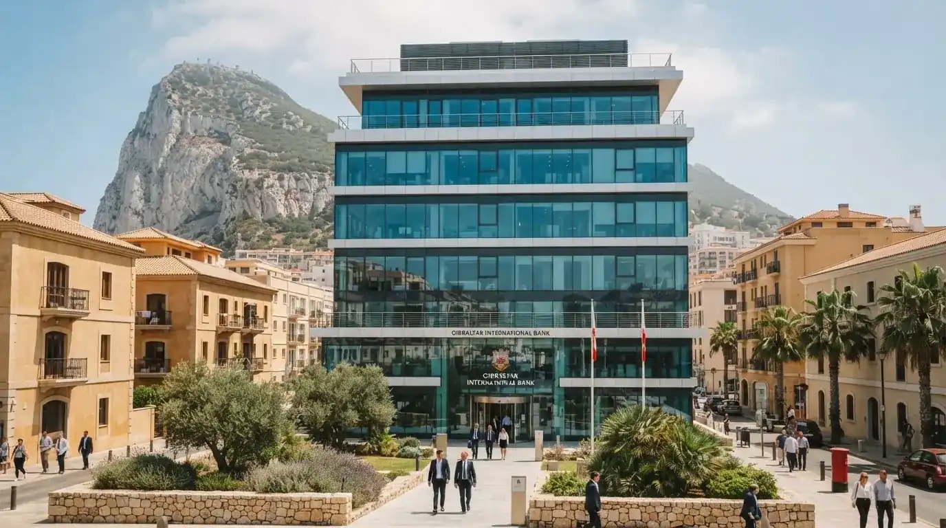 Fachada corporativa de un operador de juego internacional en el distrito financiero de Gibraltar