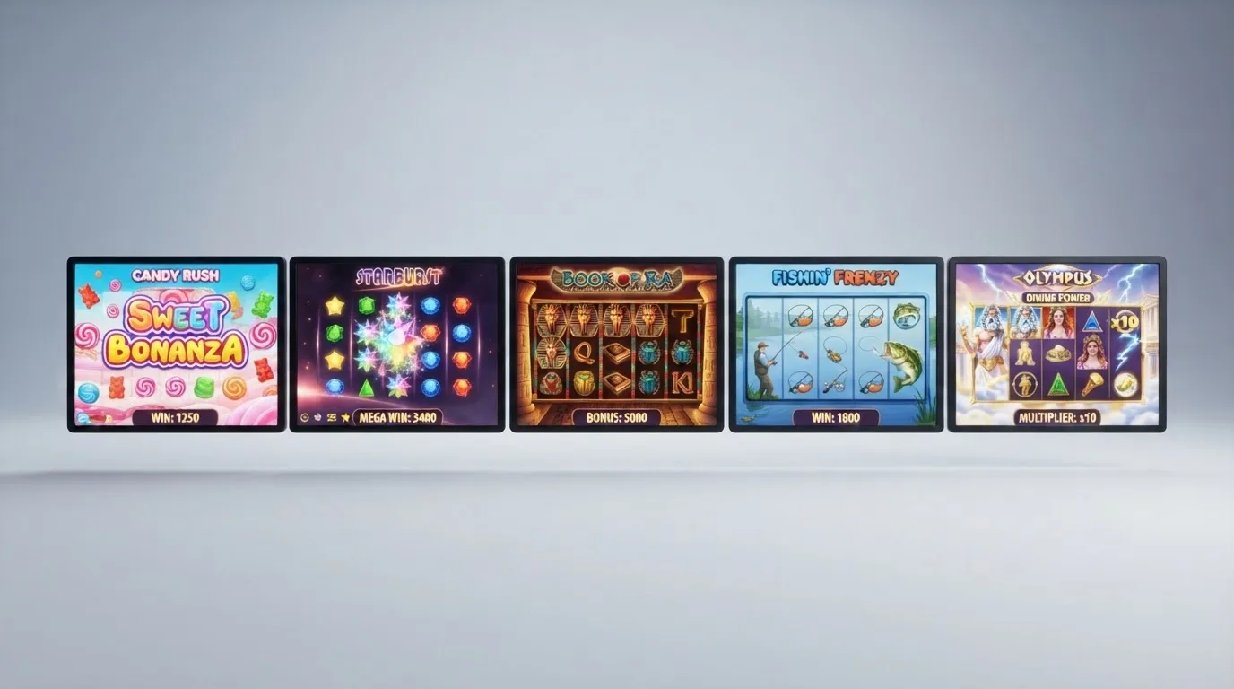 Interfaz de cinco tragaperras populares — Sweet Bonanza, Starburst, Book of Dead, Big Bass Bonanza y Gates of Olympus — dispuestas en mosaico