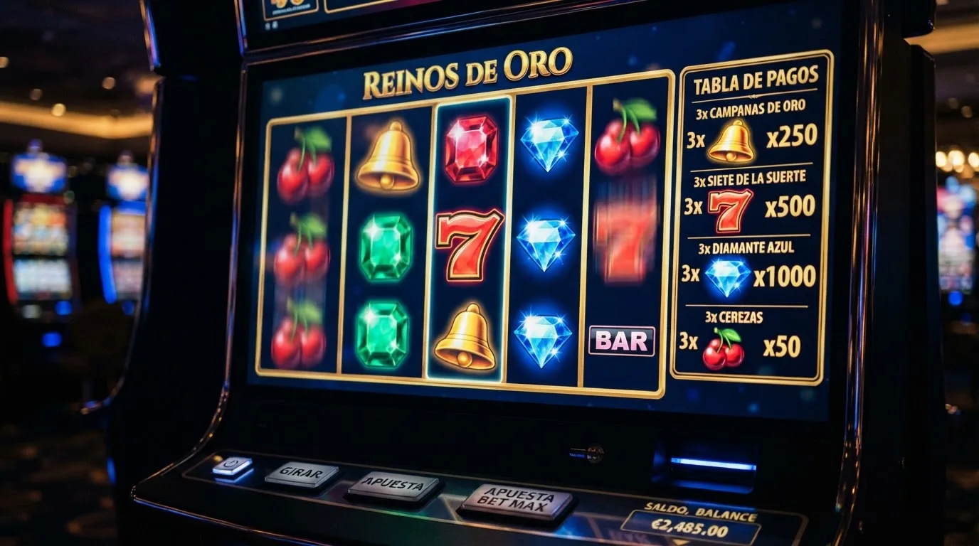 Primer plano de una tragaperras online con sus rodillos, símbolos y la tabla de pagos visible en pantalla