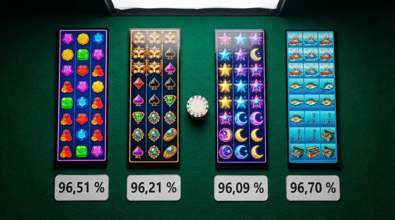 Una cuadrícula con las carátulas de Sweet Bonanza, Book of Dead, Starburst y Big Bass Splash junto a sus porcentajes de RTP