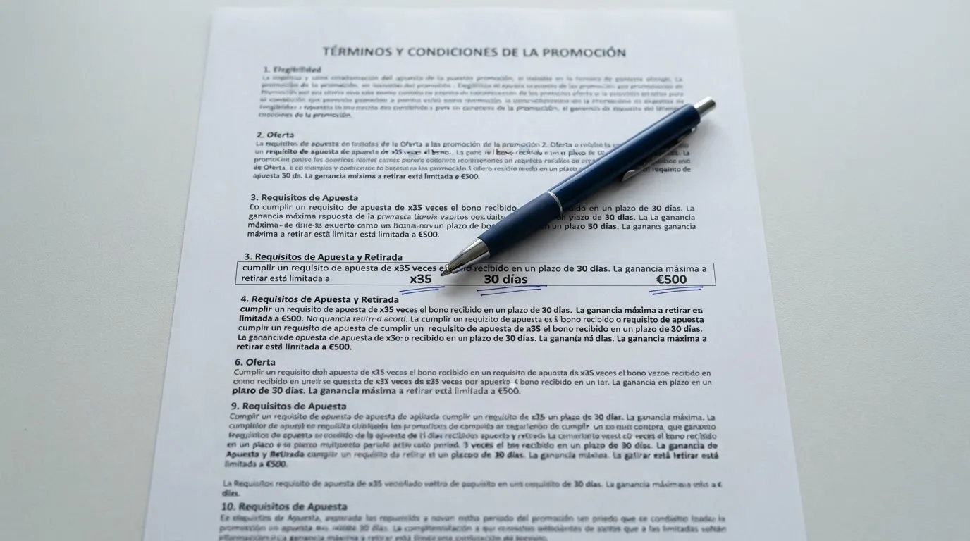 Primer plano de un documento de términos de bono con un bolígrafo subrayando las cifras de rollover, plazos y tope de retirada