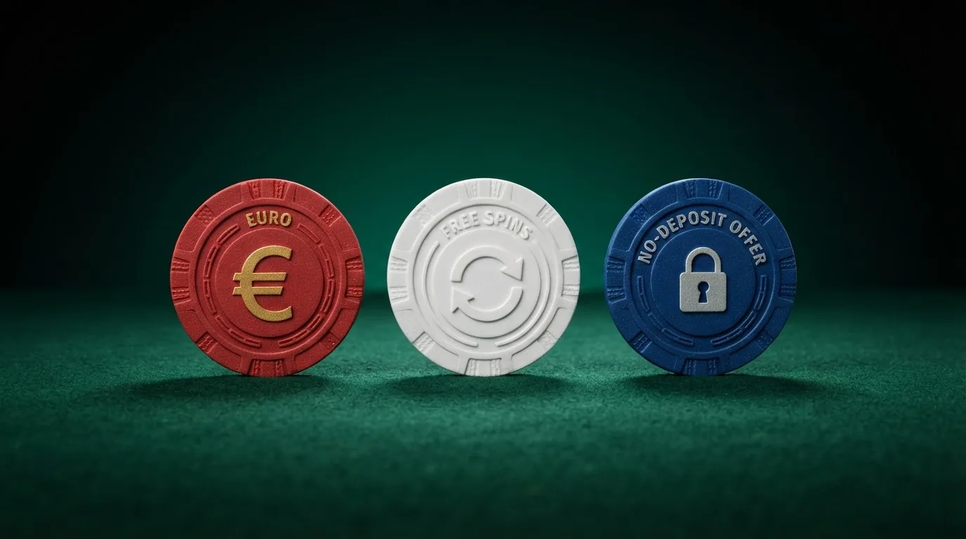 Tres fichas de casino con símbolos distintos representando bono de depósito, giros gratis y oferta sin depósito sobre un fondo de fieltro verde
