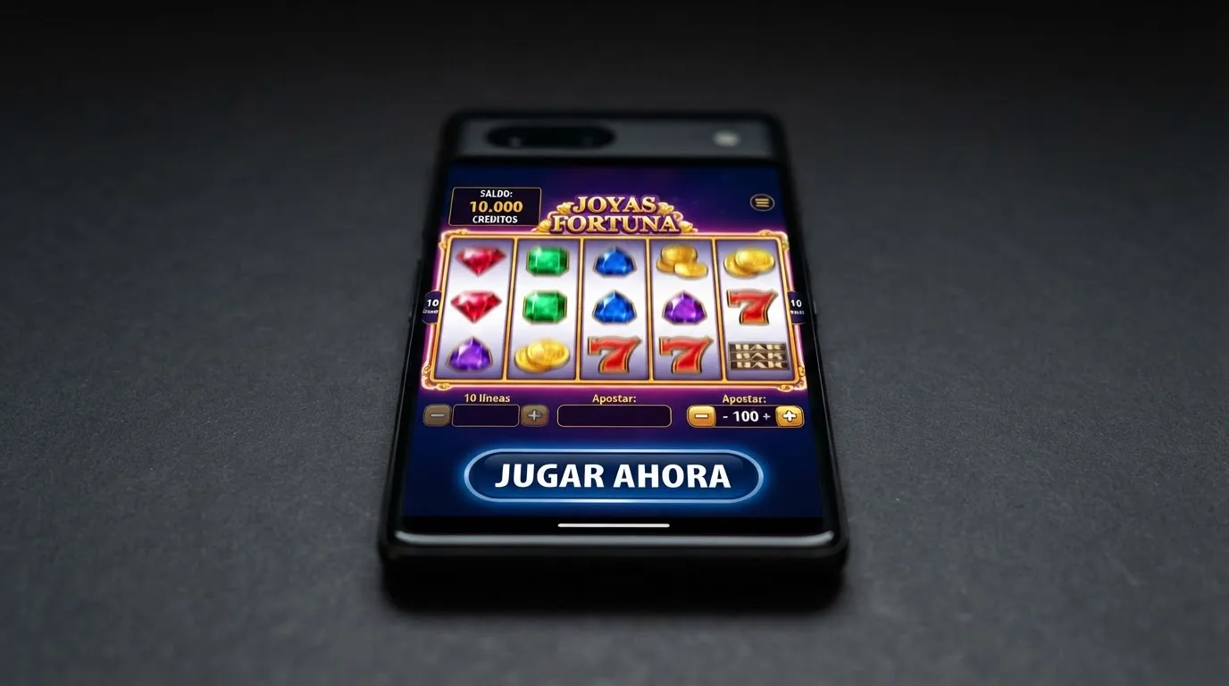 Primer plano de una pantalla de móvil con una tragaperras colorida en modo demo; en la esquina se lee «SALDO: 10.000 CRÉDITOS» junto a un botón de «JUGAR AHORA»